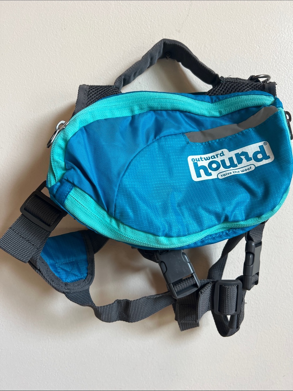 Outward Hound Aqua and Teal Dog Pack Harness Black Straps reflective strip